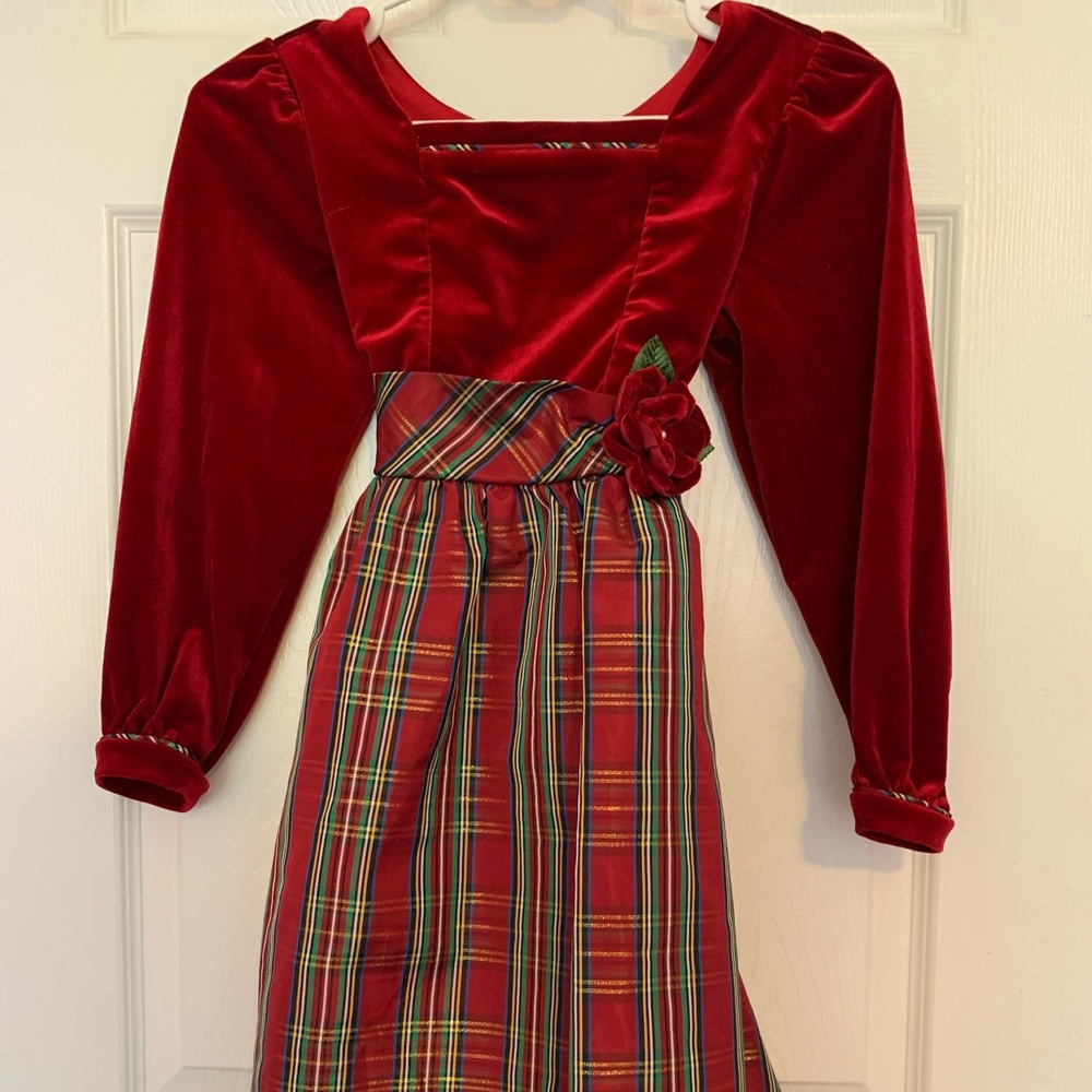 Christmas tartan pattern red dress with velvet top